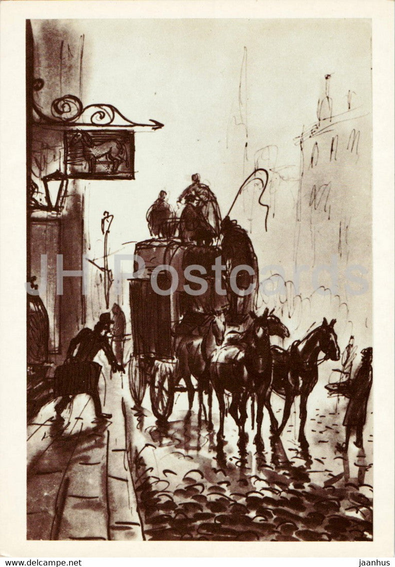 The Pickwick Papers by Charles Dickens - horse carriage - illustration by Milashevsky - 1988 - Russia USSR - unused - JH Postcards
