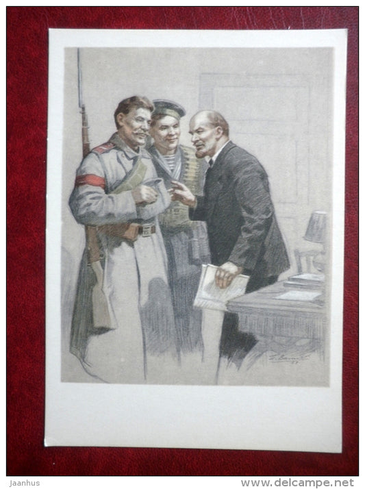 painting by P. Vasiliev - Lenin and the Red Guards - rifle - soviet art - unused - JH Postcards