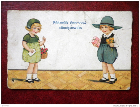 Birthday Greeting Card - boy and girl - gifts - 2282 Amag - 1920s-1930s - Estonia - used - JH Postcards