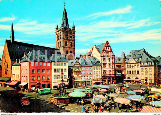 Trier - Hauptmarkt mit Petrusbrunnen und St Gangolph - market - 705/6 - Germany - used - JH Postcards