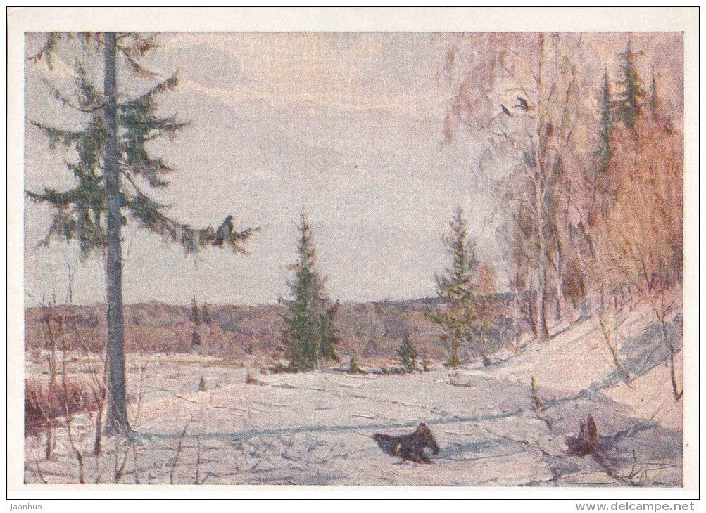 painting by K. Kyshkin - grouse - birds - winter - russian art  - unused - JH Postcards