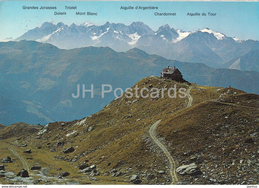 Cabane Montfort sur Verbier et vue sur le massif du Mont Blanc - 9693 - 1978 - Switzerland - used - JH Postcards