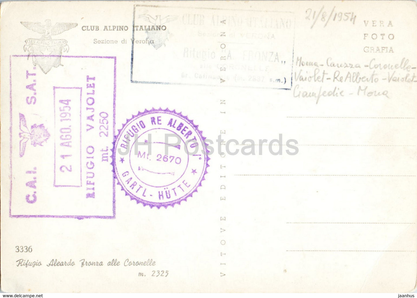 Rifugio Aleardo Fronza alle Coronelle - Club Alpino Italiano - old postcard - 1954 - Italy - unused