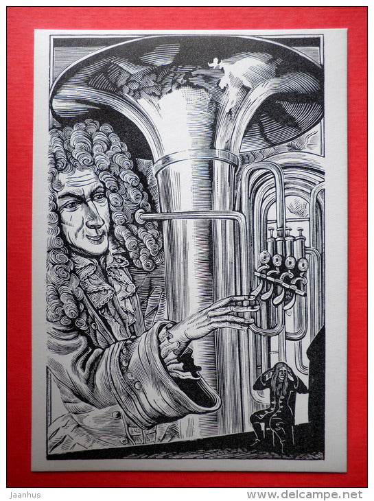 illustration by S. Harlamov - King with Music Instrument - Gulliver's Travels by D. Swift - 1978 - Russia USSR - unused - JH Postcards