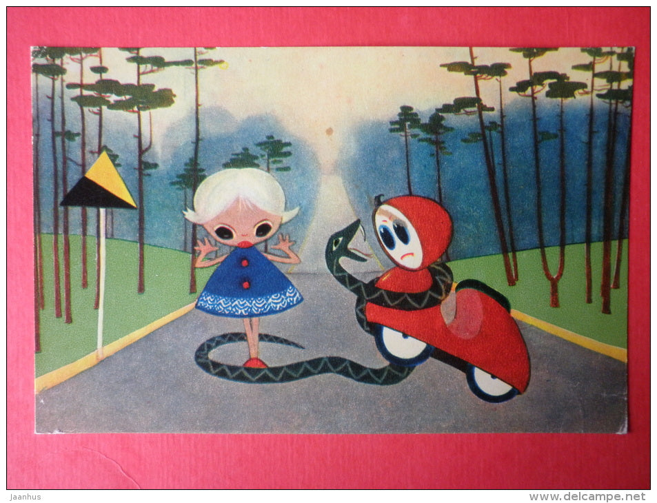 from cartoon Little Scooter by H. Pars - snake - girl - Soviet Cartoon - 1969 - Russia - USSR - unused - JH Postcards