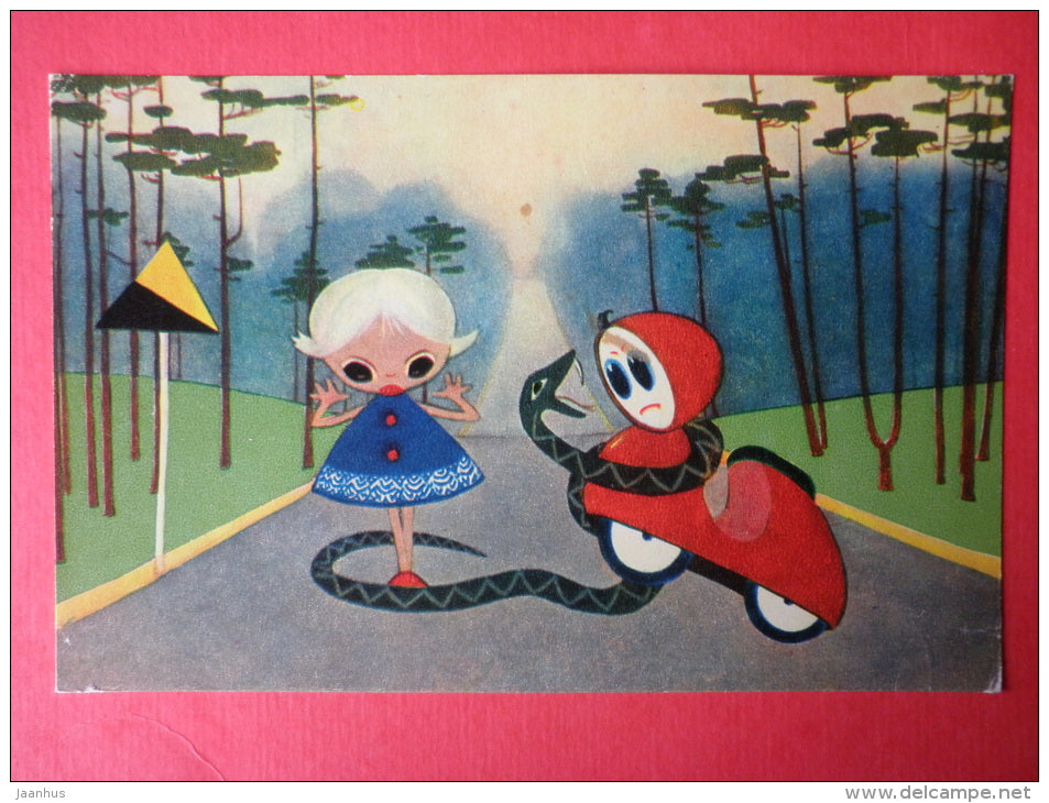 from cartoon Little Scooter by H. Pars - snake - girl - Soviet Cartoon - 1969 - Russia - USSR - unused - JH Postcards