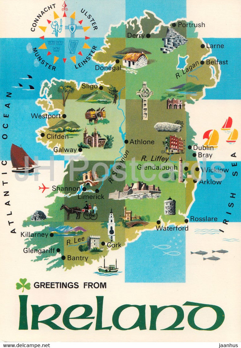 Greetings from Ireland - map - unused - JH Postcards