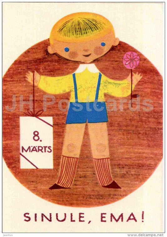 8 March International Women's Day greeting card by I. Raudsepp - boy - flowers - 1967 - Russia USSR - unused - JH Postcards