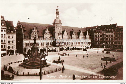 Leipzig - Markt mit Altem Rathaus und Siegesdenkmal - town hall - monument - old postcard - 1925 - Germany - used - JH Postcards