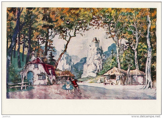 painting by A. Benois - Sketch for the decor for Giselle by A. Adam , 1950 - Russian art - 1967 - Russia USSR - unused - JH Postcards