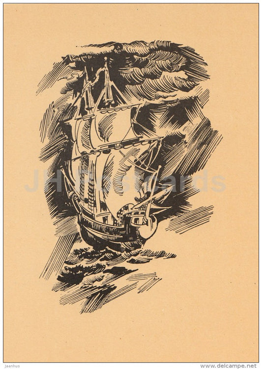 illustration by R. Kaljo - Dreamland - sailing ship - Writer Fr. Tuglas Works - 1986 - Estonia USSR - unused - JH Postcards