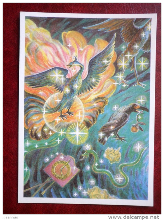 Phoenix - Horologium - constellations - bird - clock - stars - night sky - 1990 - Russia USSR - unused - JH Postcards
