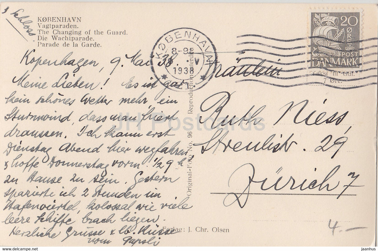 Copenhagen - Kobenhavn - Vagtparaden - The Changing of the Guard - 96 - old postcard - 1938 - Denmark - used