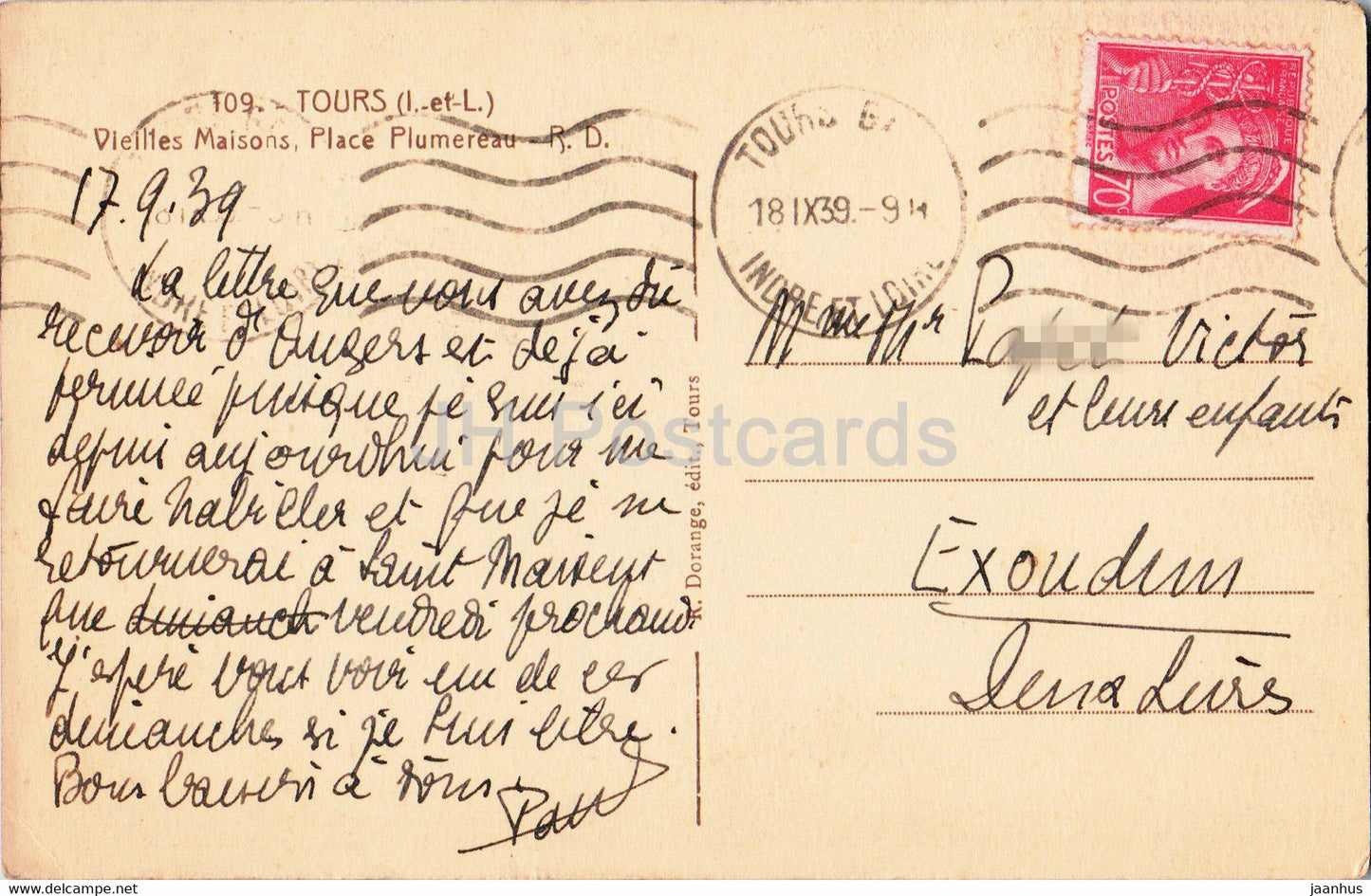 Tours - Vieilles Maisons - Place Plumerau - 109 - carte postale ancienne - 1939 - France - occasion