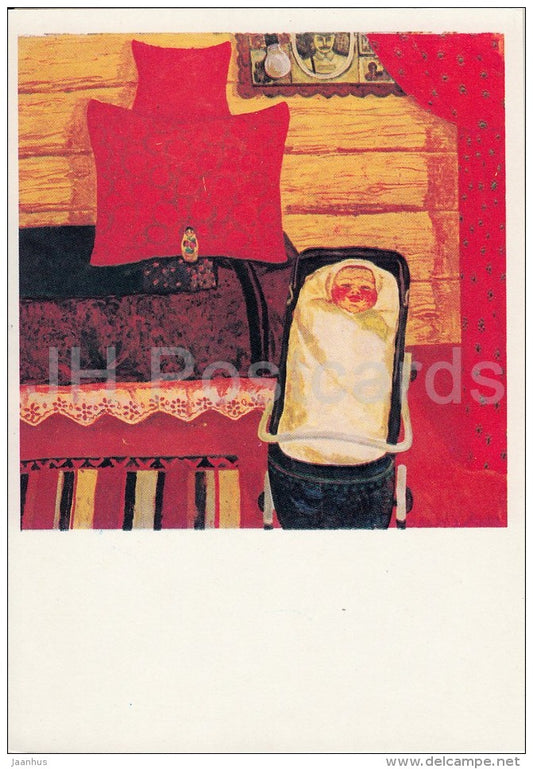 painting by I. Zaripov - Cradle , 1972 - baby - Russian art - Russia USSR - 1982 - unused - JH Postcards