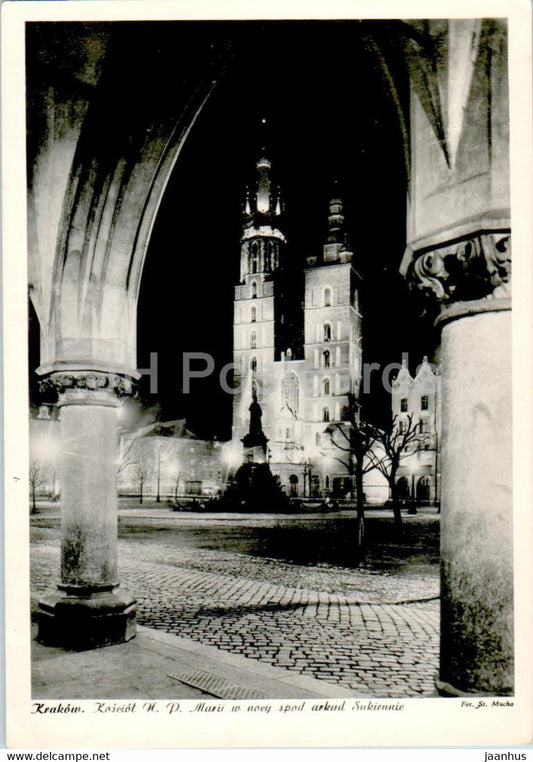 Krakow - Kosciol N D Marii w nocy spod arkad Sukiennic - Blessed Virgin Mary church - old postcard - Poland - unused - JH Postcards