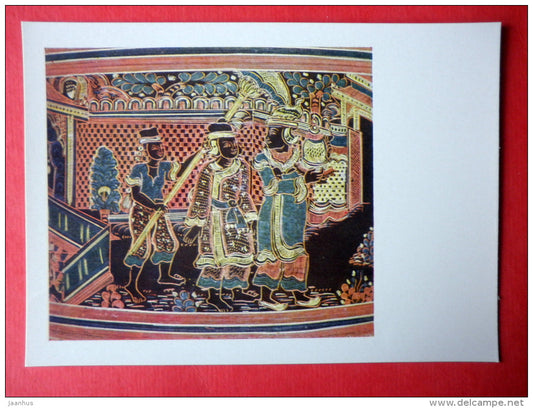 fragment of lacquer painting of the boxe , XX century - Birma - burmese art - unused - JH Postcards