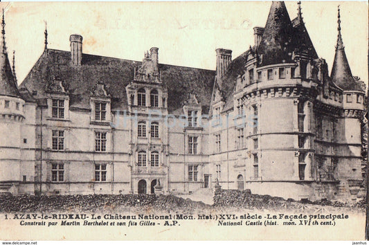 Azay Le Rideau - Le Chateau National - La Facade Principale - castle - 1 - old postcard - France - unused - JH Postcards