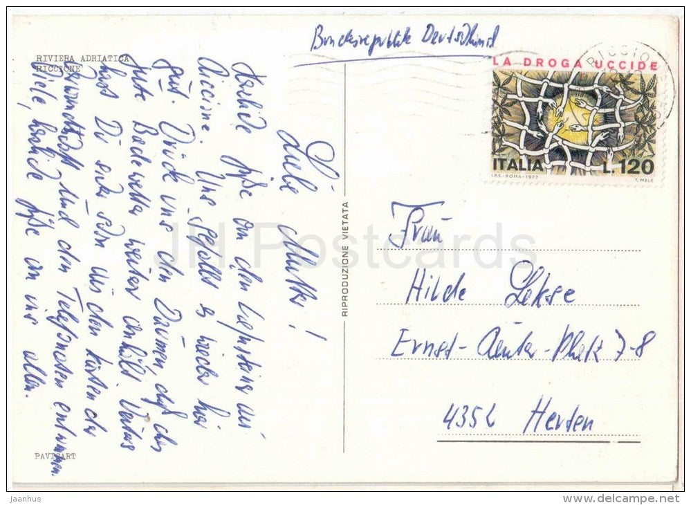 Saluti da Riccione - beach - Rimini - Emilia-Romagna - Italia - Italy - sent from Italy to Germany - JH Postcards