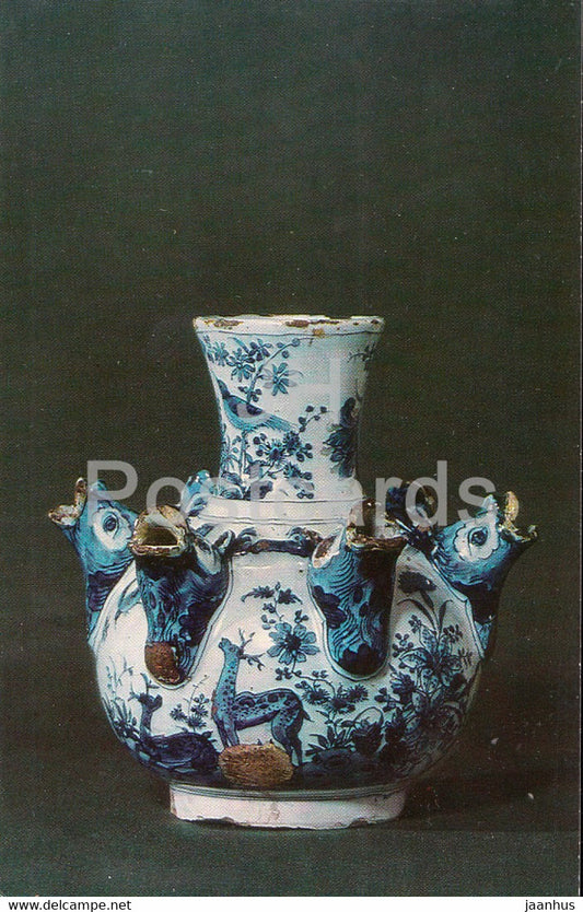 Vase with flowering shrubs, animals and birds by Adrianus Kocks - 1 - Faience - Delftware - 1974 - Russia USSR - unused - JH Postcards