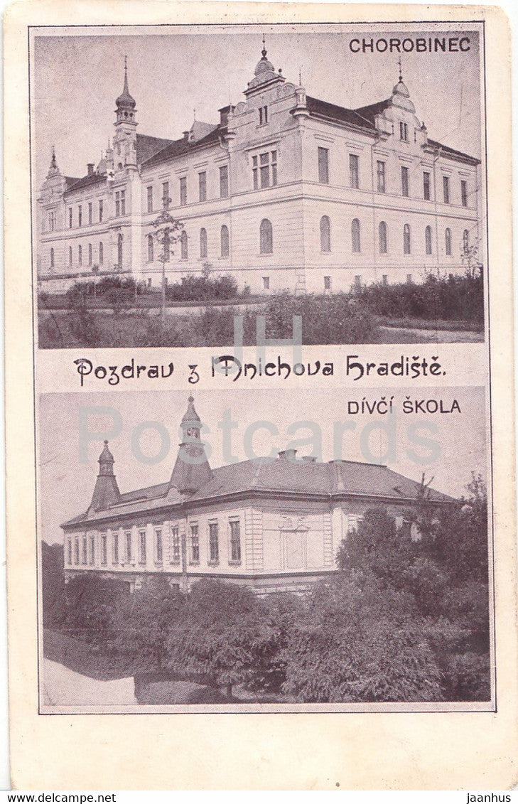 Pozdrav z Mnichova Hradiste - Chrobinec - Divci Skola - old postcard - Czech Republic - unused - JH Postcards