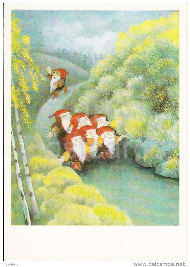 illustration by O. Kondakova - seven dwarfs - Snow White - Brothers Grimm Fairy Tales - 1986 - Russia USSR - unused - JH Postcards
