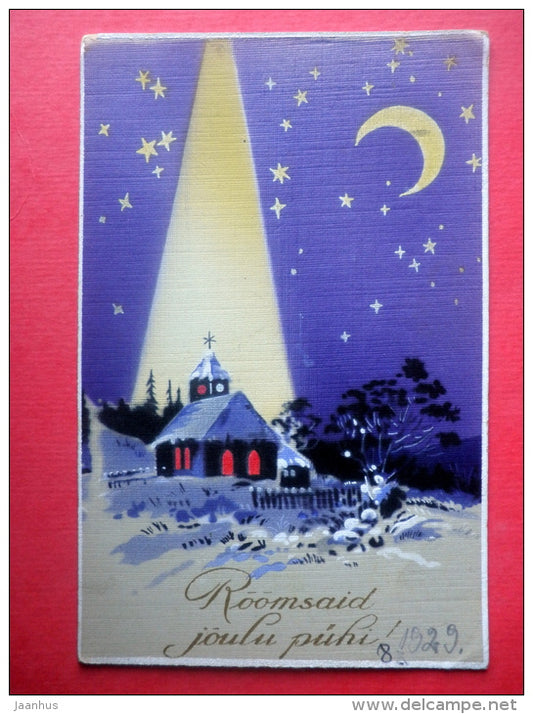 christmas greeting card - church - night sky - moon - HWB - circulated in Estonia Tallinn 1929 - JH Postcards