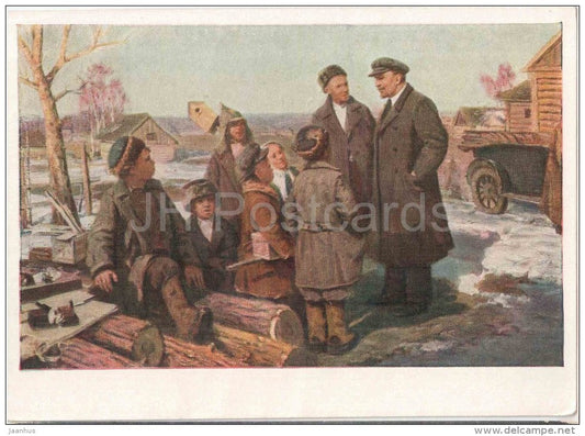 painting by A. Ovcharov - Meeting with Lenin - Lenin with children - russian art - unused - JH Postcards