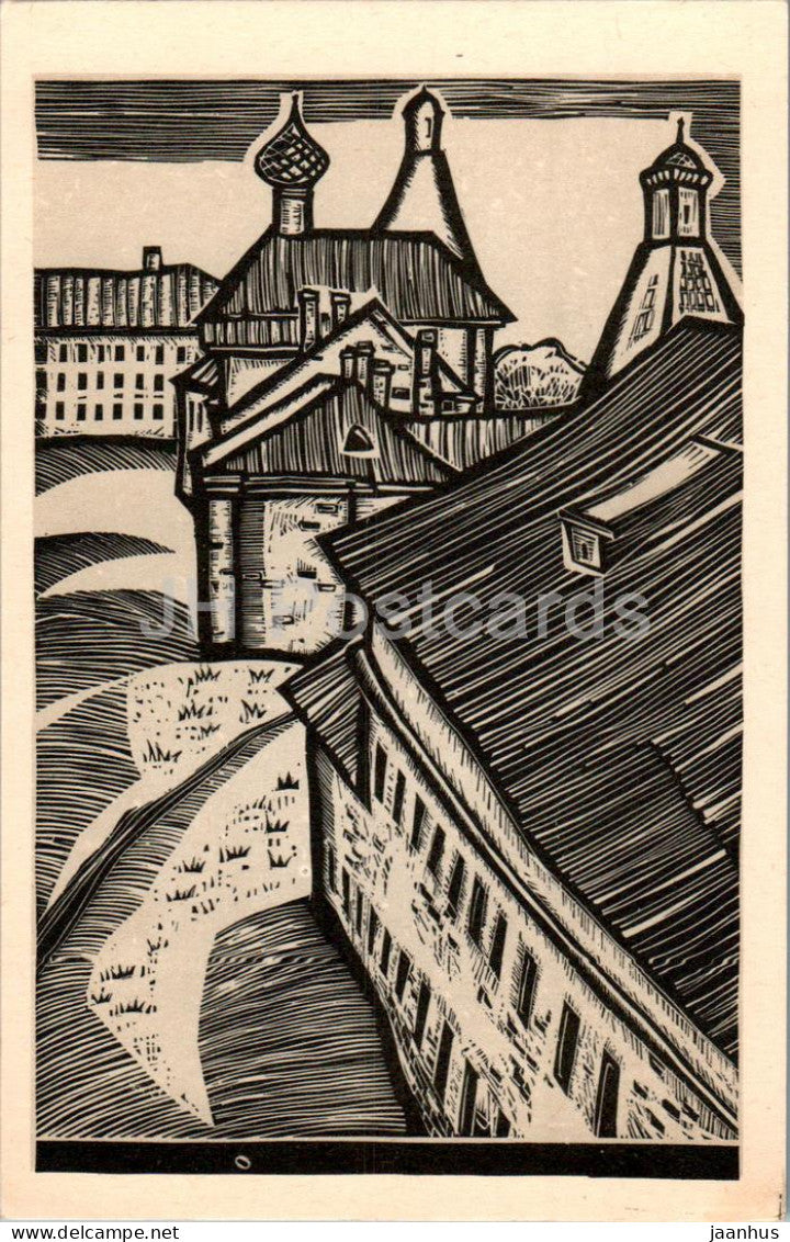 Solovki - Part of the monastery courtyard - graphics by V. Presnyakov - 1969 - Russia USSR - unused - JH Postcards