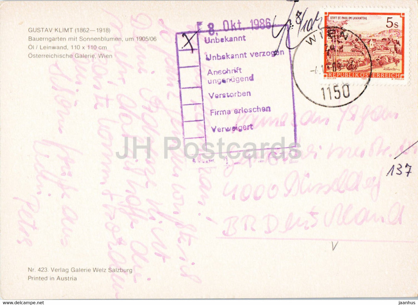 painting by Gustav Klimt - Bauerngarten mit Sonnenblumen - sunflowers - Austrian art - 1986 - Austria - used