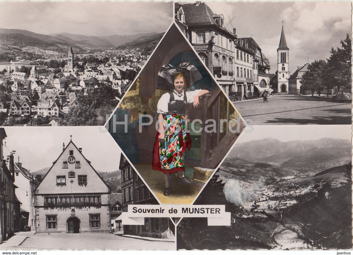 Souvenir de Munster - Vue Generale - Place du Marche - Alsacienne - Hotel de Ville - Vallee - 1953 - France - used - JH Postcards