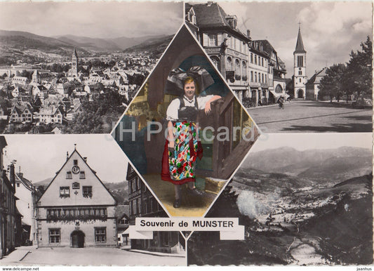 Souvenir de Munster - Vue Generale - Place du Marche - Alsacienne - Hotel de Ville - Vallee - 1953 - France - used - JH Postcards