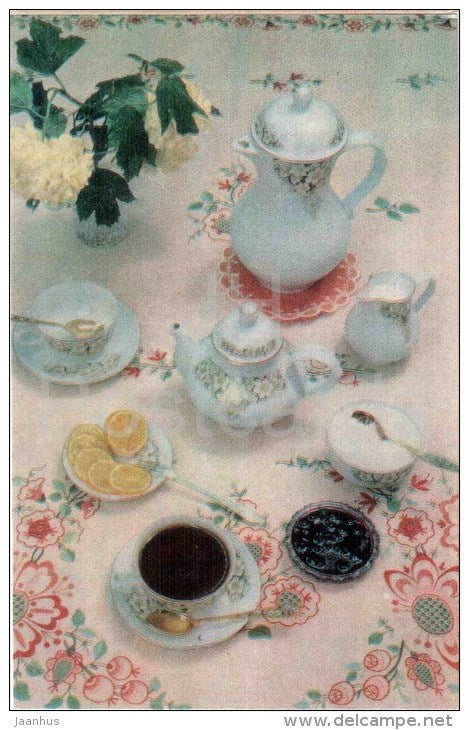 table for tea - lemon - Table Setting - 1985 - Russia USSR - unused - JH Postcards
