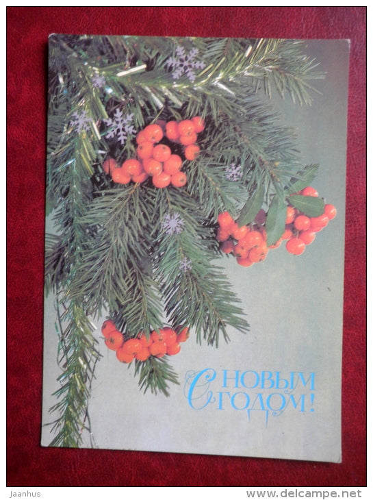 New Year greeting card - rowan berries - 1987 - Russia USSR - used - JH Postcards