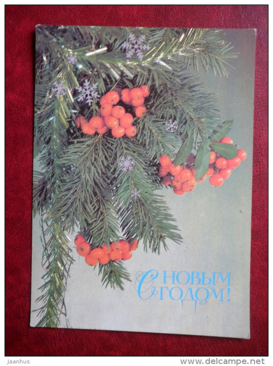 New Year greeting card - rowan berries - 1987 - Russia USSR - used - JH Postcards