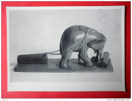 Elephant at work , wood , XX century - Birma - burmese art - unused - JH Postcards