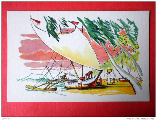 illustration by P. Pavlinov - New Guinea catamaran - Boats of the World - 1971 - Russia USSR - unused - JH Postcards