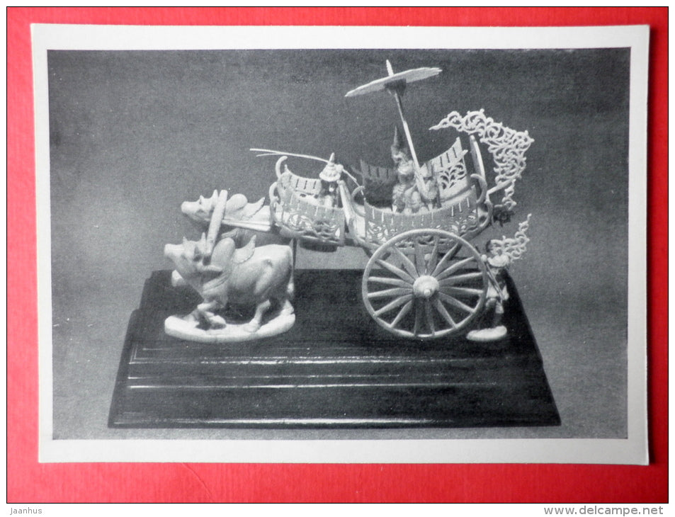 Solemn Departure , miniature sculpture made â€‹â€‹of ivory , XX century - carriage - bull - Birma - burmese art - unused - JH Postcards