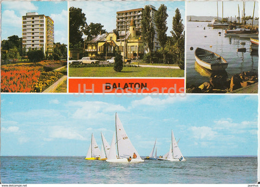 Greeting from lake Balaton - hotel - sailing boat - multiview - 1987 - Hungary - used - JH Postcards