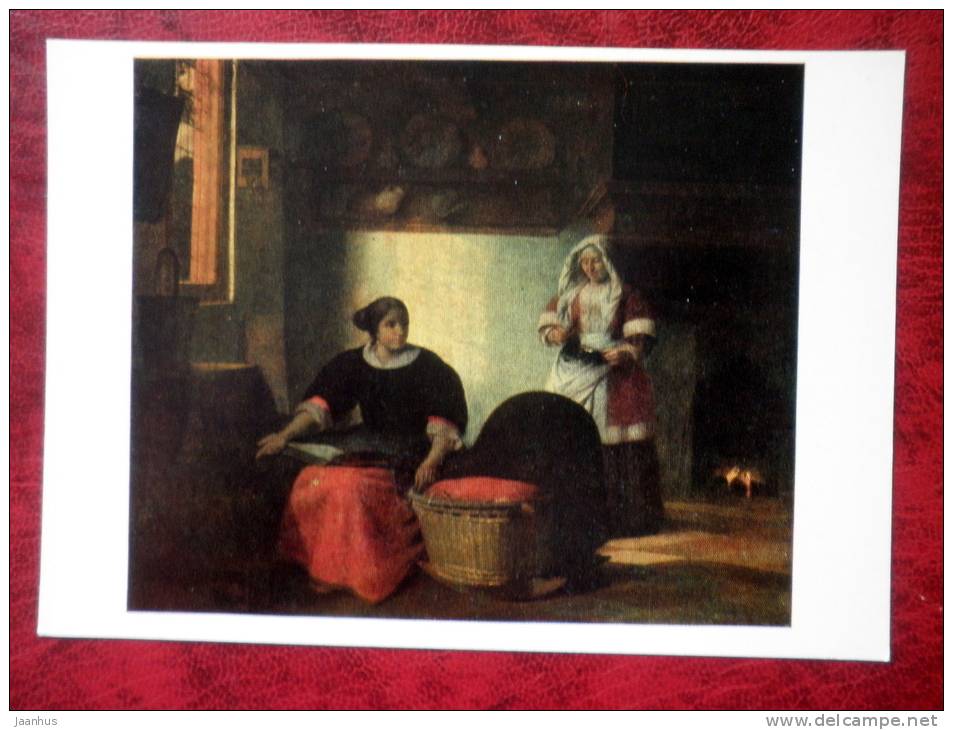Painting by Pieter de Hooch - sick child  - art  - unused - JH Postcards
