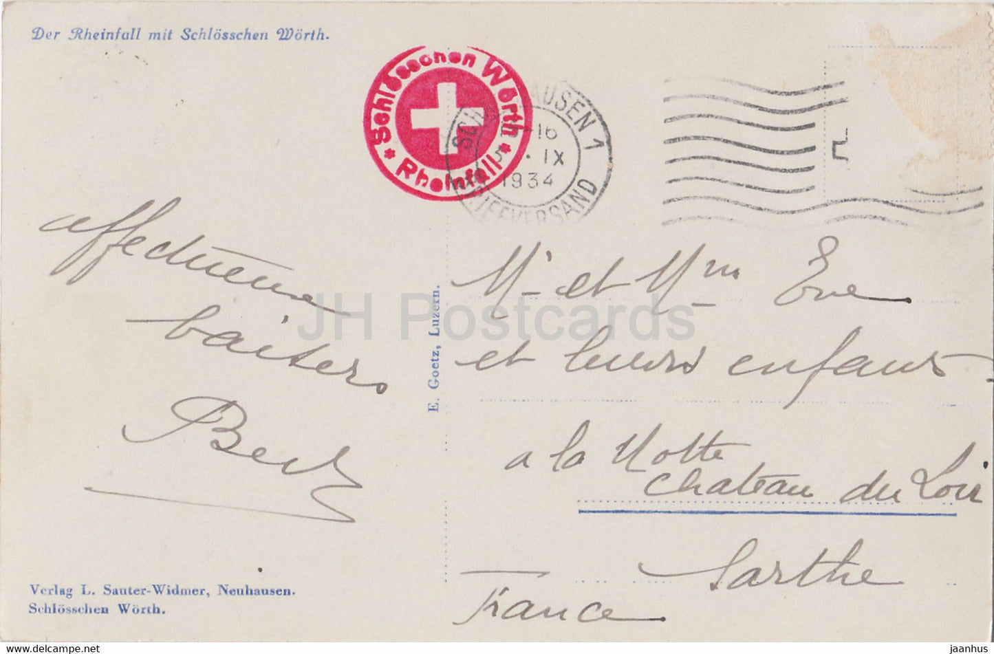 Der Rheinfall mit Schlosschen Worth - boat - old postcard - 1934 - Switzerland - used