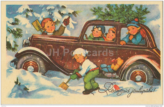 Christmas Greeting Card - children - old car - sledge - Reproduction - Estonia - used in 1996 - JH Postcards