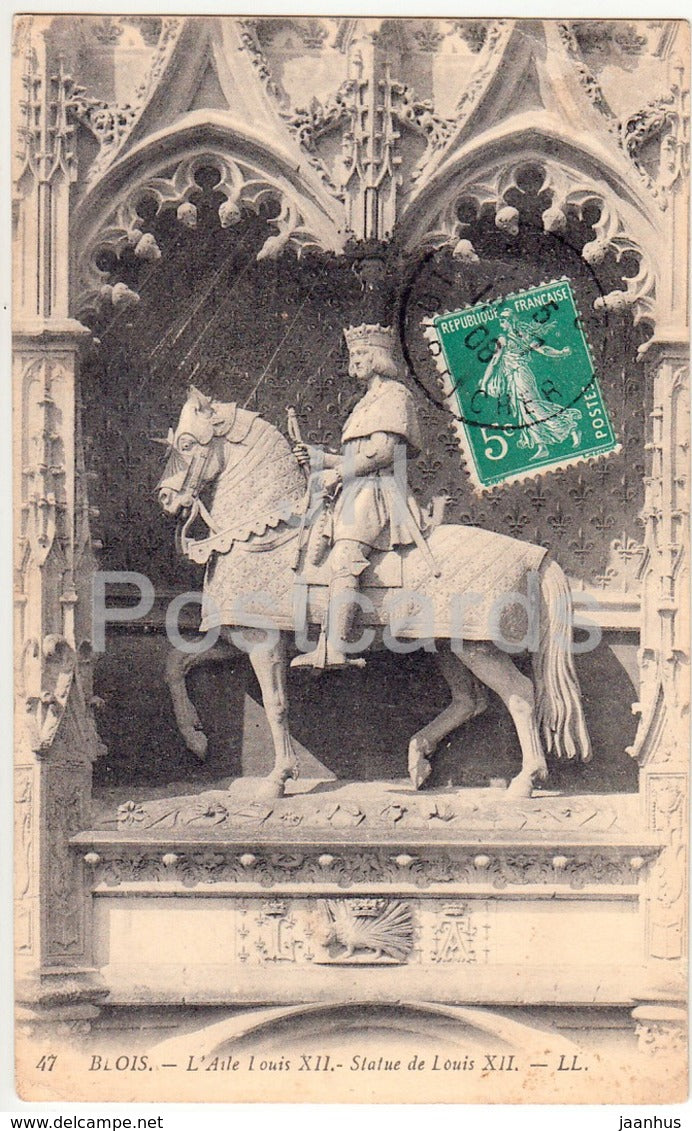 Blois -  L'Aile Louis XII - Statue de Louis XII - horse - castle - 47 - 1908 - old postcard - France - used - JH Postcards