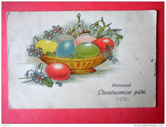 easter greeting card - eggs - flowers - KJ Tartu - circulated in Estonia 1932 - JH Postcards