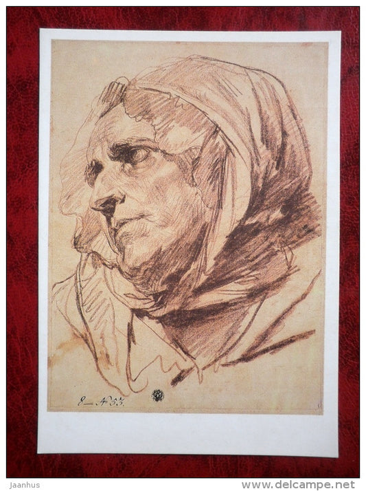Drawing by Jean-Baptiste Greuze ? - Head of an Elderly Woman - french art - unused - JH Postcards