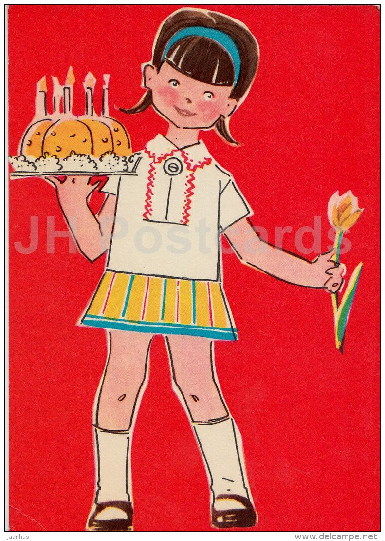Greeting Card by L. Habicht - girl with birthday cake - tulip - 1969 - Estonia USSR - used - JH Postcards