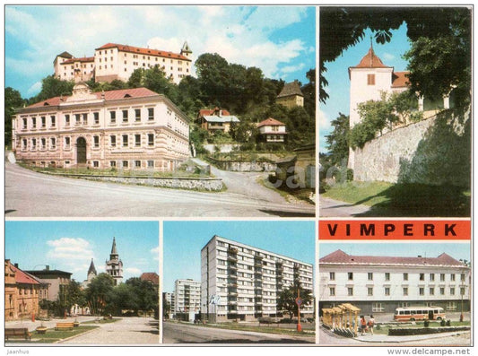 Vimperk - Prachatice district - architecture - church - bus - Czechoslovakia - Czech - unused - JH Postcards