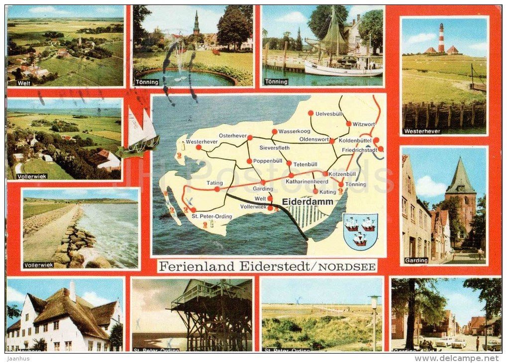 Ferienland Eiderstedt , Nordsee - Tönning - Vollerwiek - Westerhever - Garding - Eide 501 - Germany - 1985 gelaufen - JH Postcards