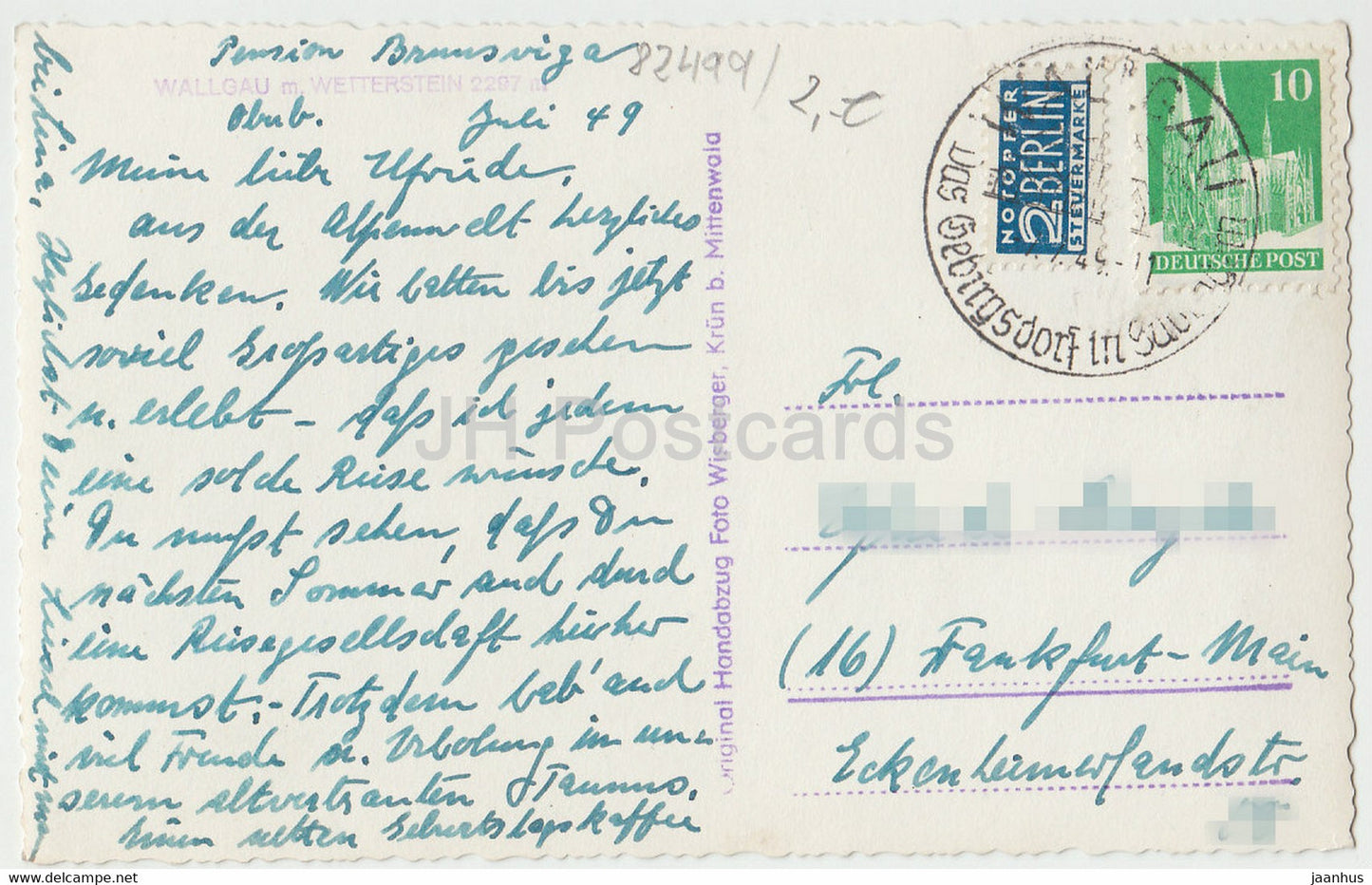 Wallgau m Wetterstein 2297 m - old postcard - 1949 - Germany - used