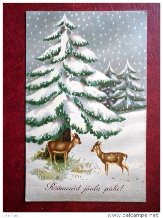Christmas Greeting Card - deers - winter - KJ Tartu 121 - circulated in Estonia 1936 , Tallinn - Estonia - used - JH Postcards